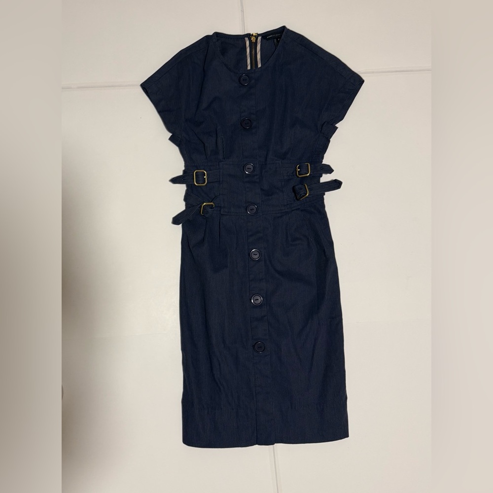 MARC Pinstripe Gold Buckle Accent Navy Dress